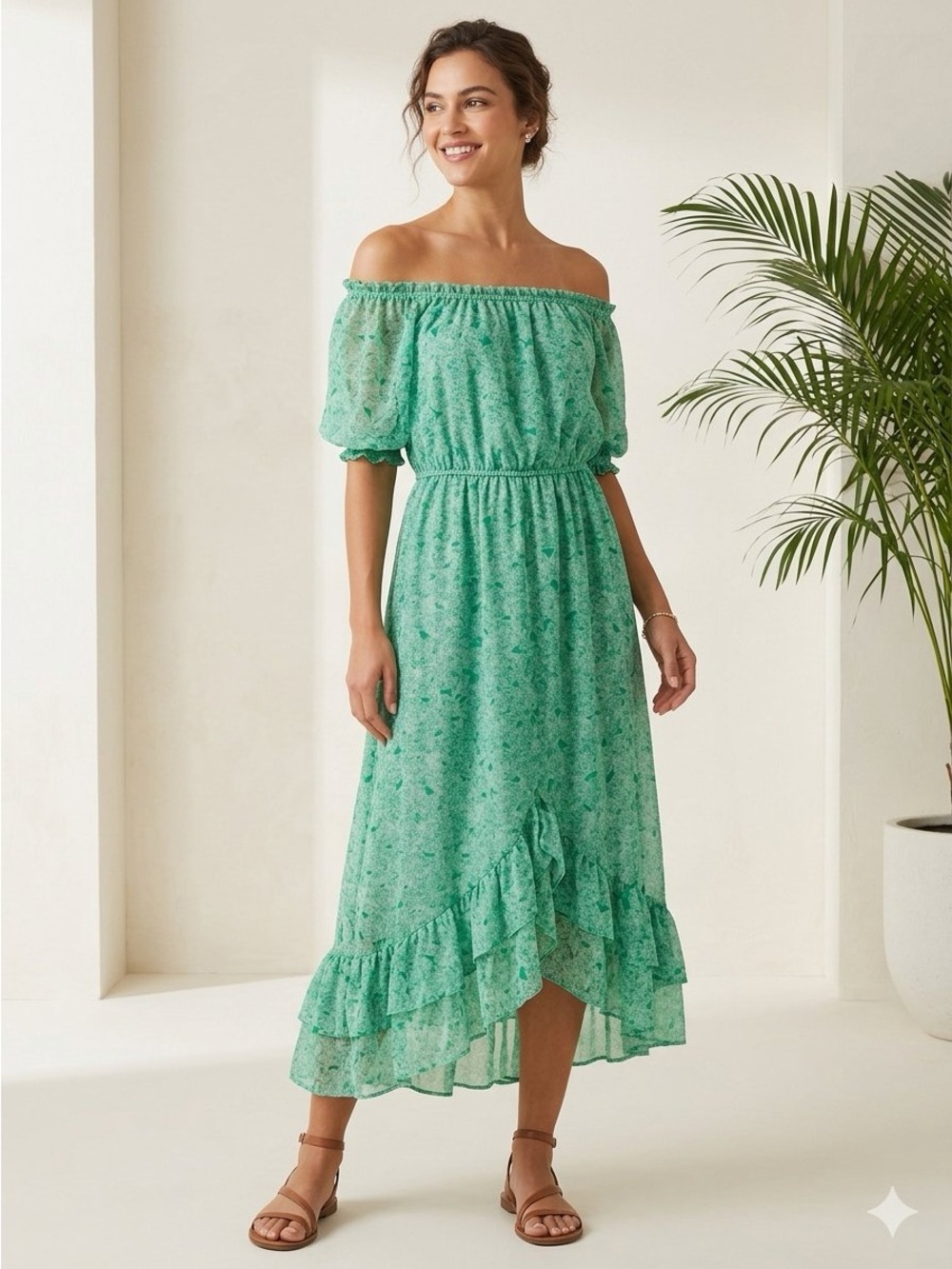 Bar III Green Floral Smocked Off-Shoulder Maxi/Midi Dress.